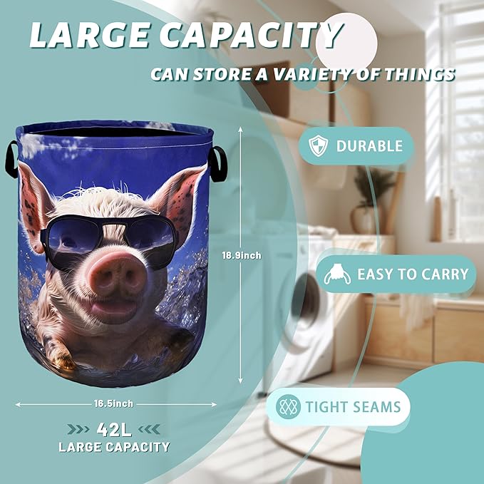 Summer Pig Laundry Hamper Foldable With Handles Cute Animal Tote Bag Oxford Cloth Funny Laundry Basket Clothes Toy Storage Bucket 18.9" x 16.5" For Bathroom/Laundry/Bedroom