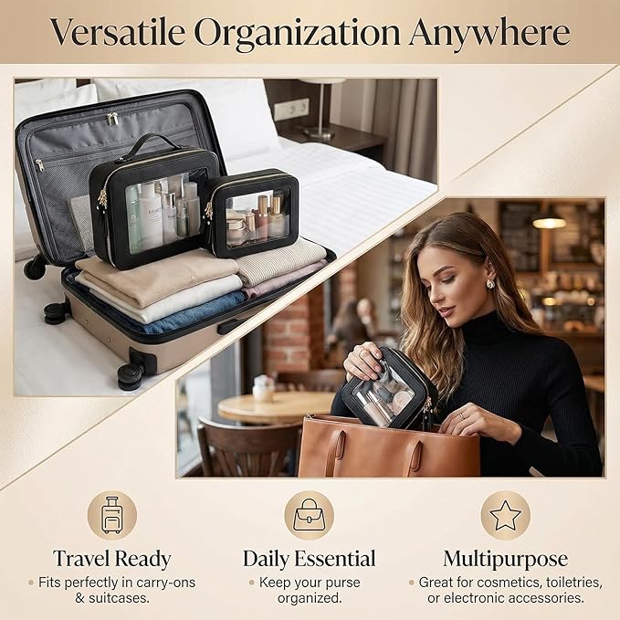 Makeup Bag | Transparent Toiletry Bag | Portable Waterproof Makeup Storage Bag | Travel-Specific Skincare Storage Bag | 2 Sets, L+M+MINI (White+Black)