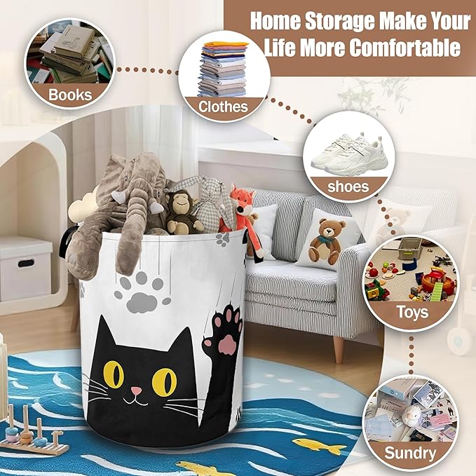 Black Cats Laundry Hamper,Collapsible Laundry Baskets Waterproof Oxford Cloth With Handles,Clothes Storage Bucket Toy Organizer For Bathroom/Nursery/Bedroom 16" x 20.8"