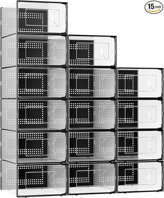 X-Large Shoe Storage Box, 15 Pack Clear Plastic Stackable Shoe Organizer for Closet, Interlocking Design Shoe Container Bins for Sneakers, Foldable Shoe Rack with Lids, Black