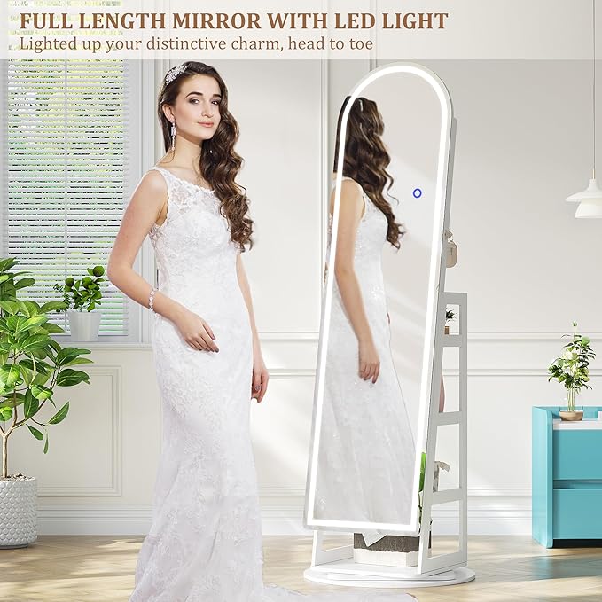 LVSOMT LED Mirror Jewelry Cabinet Standing, Lockable Jewelry Armoire with Arched Full-Length Mirror and Adjustable LED Lights, Space-Saving Jewelry Organizer with Mirror(White)