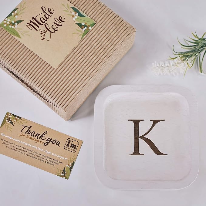 I'm Wooden Personalized Letter Catchall Valet Tray Trinket Dish Jewelry Tray Key Bowl Decorative Plate Organizing Ring Earrings Necklaces Bracelet Watch Coins Wallet Holder (6"x6" Sq White K)