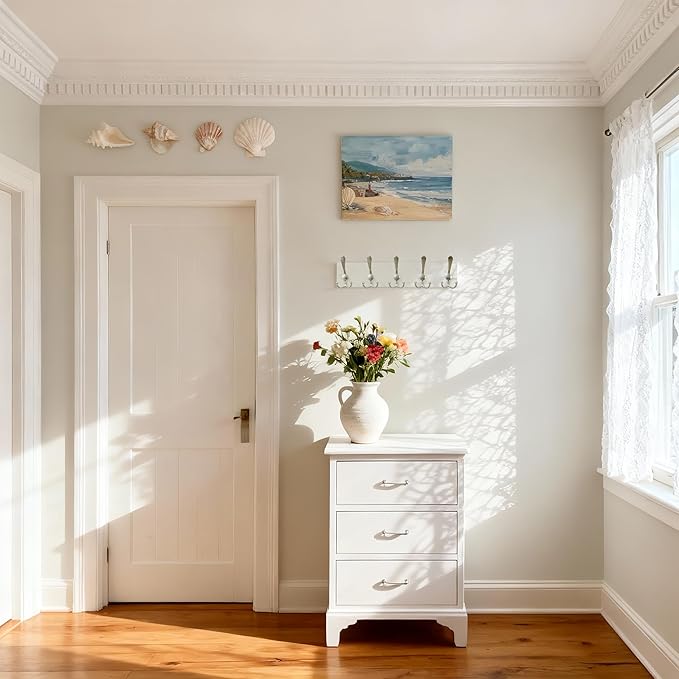 SKOLOO Creations White Solid Wood Wall Mounted Coat Rack, 5 Hooks, 16-7/8" Long - Kitchen, Mudroom, Entryway, Bathroom - Includes Mounting Hardware, Wall Coat Hanger, Towel Rack