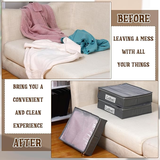 Panelee 6 Pcs 14 x 12 x 3 Inch Sweater Storage Bags Easy Gliding Zippered Sweater Package Organizer Closets Under The Bed Zippered Storage Bags with Label Pocket to Avoid Dust Dirt(Gray)