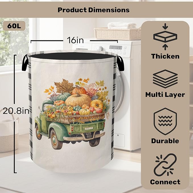 Fall Pumpkin Truck Large Clothes Hamper Bag - Laundry Basket with Handles, Space Saving Foldable Design for Nursery