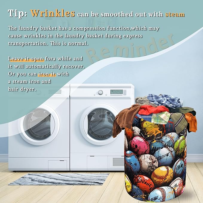 Colorful Baseball Laundry Hamper Foldable With Handles Balls Tote Bag Universal Oxford Cloth Funny Laundry Basket Clothes Toy Storage Bucket 18.9" x 16.5" For Bathroom/Laundry/Bedroom