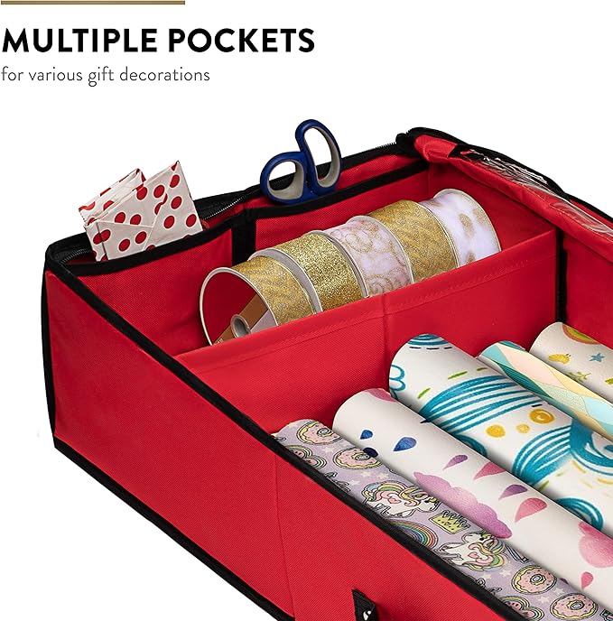 ZOBER Gift Wrapping Paper Organizer Storage - 40" Gift Wrap Storage Containers with Interior Pockets for Bows, Tags & Ribbons - Wrapping Paper Holder, 600D Oxford, Fits 24 Standard Rolls, Red/Black