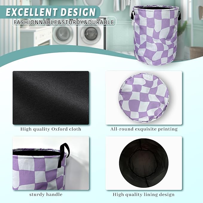 Funny Purple Checkerboard Laundry Basket With Handles Oxford Cloth Tote Bag Colorful Laundry Hamper 18.9" x 16.5 "Foldable Clothes Storage Bucket Toy Organizer For Bathroom/Laundry/Bedroom