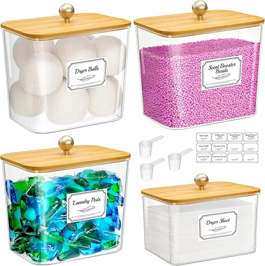 Lifewit Large Laundry Pods Container& Dryer Sheet Holder, Plastic Detergent Dispenser, Laundry Room Organization Storage Jars for Powder, Soap, Scent Booster Beads,Bamboo Lid,0.53+0.7 gal,4 Pcs