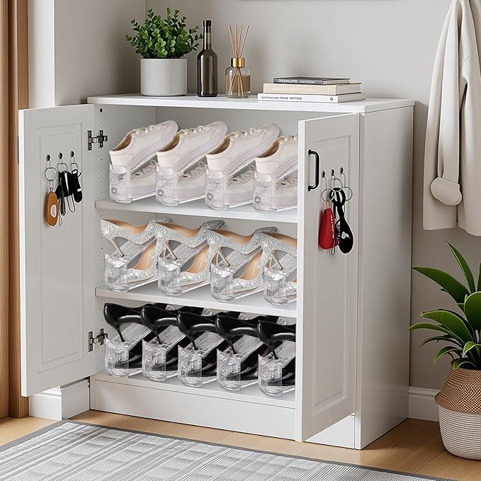Clear Shoe Slots Organizer with Adjustable Height, Acrylic Closet Stacker Display, Storage Shoe Rack Organizer, Double Layer Holders for Shelf Wardrobe Space Saving(Clear,60 Pack)