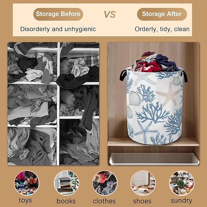 Starfish Seashell Laundry Basket,Coral Collapsible Laundry Baskets with Handles,Waterproof Oxford Cloth Storage Basket 16"x20" for Bathroom/Bedroom/Dormitories