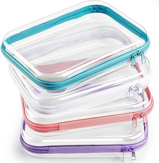 Hoolerry 4 Pcs Hard Clear Zipper Case Makeup Bags Plastic Pencil Pouch Transparent Storage Box Containers for Cosmetics, Snacks, Building Blocks, Puzzles(Multicolor,9.8 x 7.9 x 2 in)