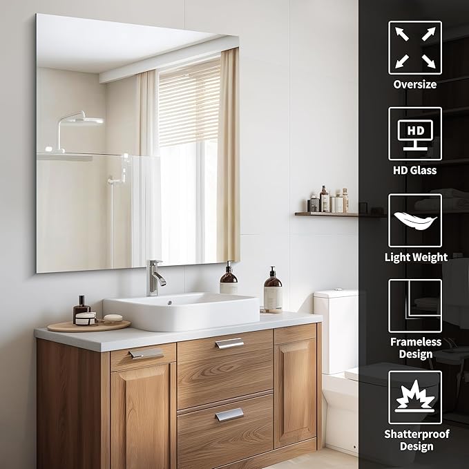 CILIBER Frameless Mirror, 36x40 inch Bathroom Mirrors for Over Sink, Large Frameless Wall Mirror, Upgraded Shatterproof Vanity Mirror with Polished Edge for Bathroom,Bedroom,Living Room and Entryway