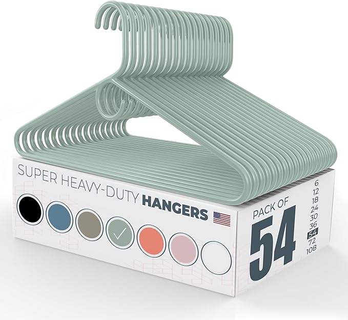 Neaties Super Heavy Duty Clothes Hangers 50 Pack (54 Count) – Made in The USA - 10lb Capacity, Thick Plastic Hangers for Pants, Coats, Jackets, Jeans and Adult Clothing – Mint