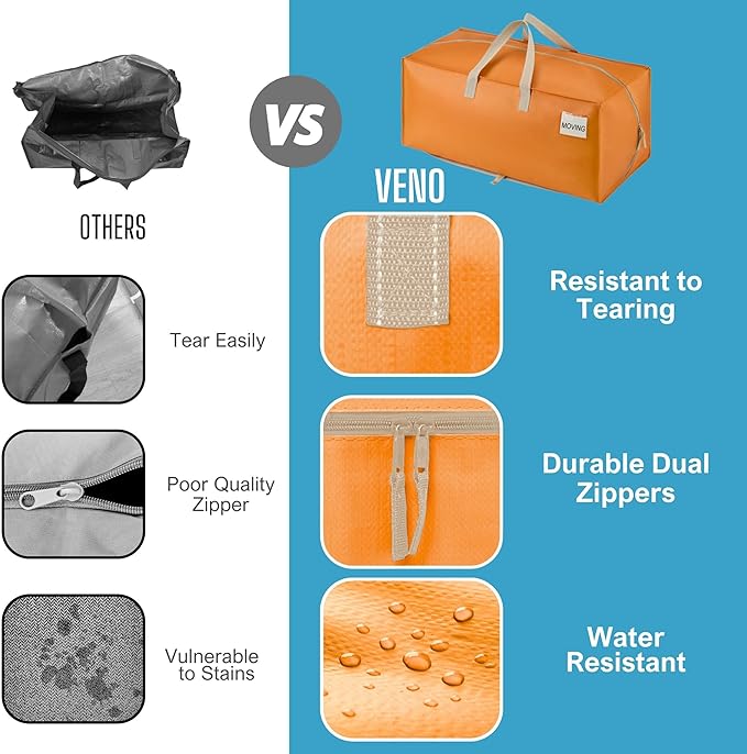 VENO 10 Pack Heavy Duty Moving Bags with Backpack Straps, Zippers & Handles, Extra Large Packing Bags for College Dorm Essentials, Moving Supplies Alternative to Cardboard Moving Boxes