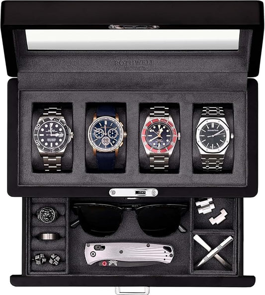 ROTHWELL 4-Slot Matte Black Watch Box with Valet Drawer - Premium Jewelry Display Case Organizer with Locking Glass Top and Microsuede Liner for Men & Women (Carbon Interior)