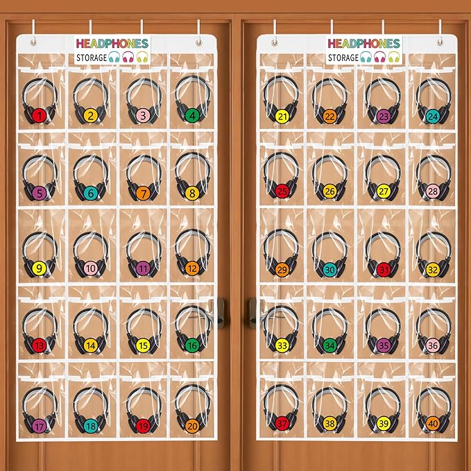 2 Pack Classroom Headphone Storage Organizer with 40 Pockets, PVC Clear Headphone Holder for Classroom Storage Office School Teaching Aids Storage Home Over-the-Door Hanging Bag with 102 Labels (2pcs)