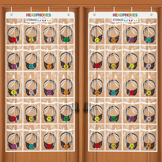 2 Pack Classroom Headphone Storage Organizer with 40 Pockets, PVC Clear Headphone Holder for Classroom Storage Office School Teaching Aids Storage Home Over-the-Door Hanging Bag with 102 Labels (2pcs)