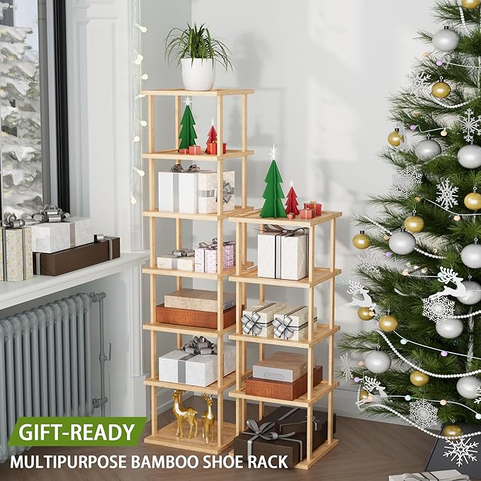 Vertical Tall Shoe Rack Organizer for Entryway -12 Tier Free Standing Slim Narrow Bamboo Wood Corner Stackable Shoe Boots Storage Stand Small Spaces for Closet Garage Cloakroom Living Room (Nature)