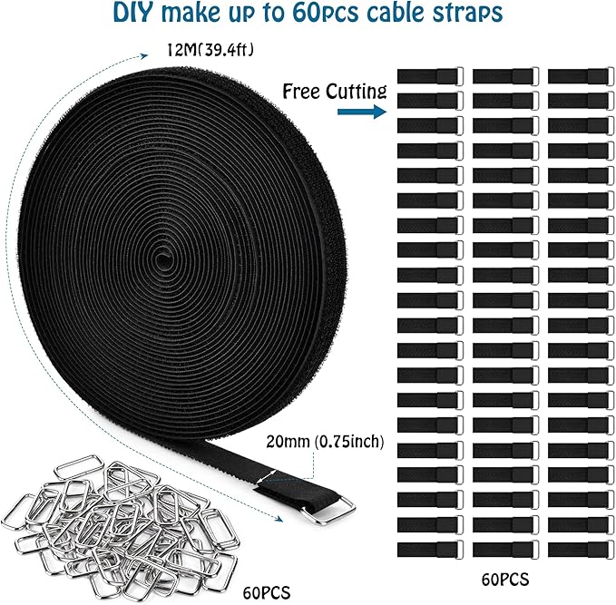 0.75" x39.4ft Hook and Loop Straps with 60 Buckles Adjustable Cut-to-Length Cable Ties - Reusable Nylon Fastening Tape Cable Straps for Storage or Organization (0.75in x 39.4ft)