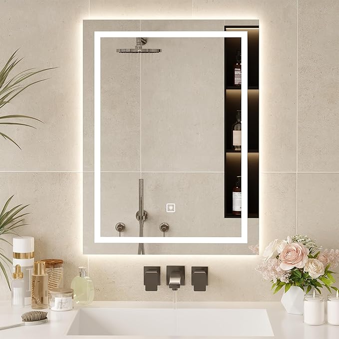 32"*24" Rectangular LED Vanity Mirror with Lights, Bedroom and Bathroom Mirror, Touch Control 3-Color Dimmable Lighting, Easy Wall Mount, Plug-in Power, Classic