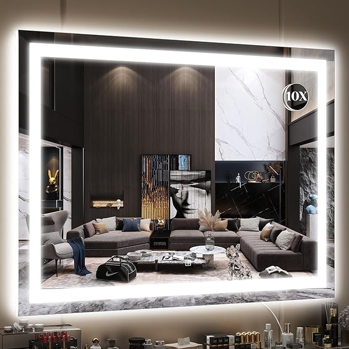 FENNIO Large Vanity Mirror with Lights，40" x 28"Makeup Mirror with Lights，Hollywood Mirror with 3 Color Modes & Adjustable Brightness，Vanity Mirror Square White