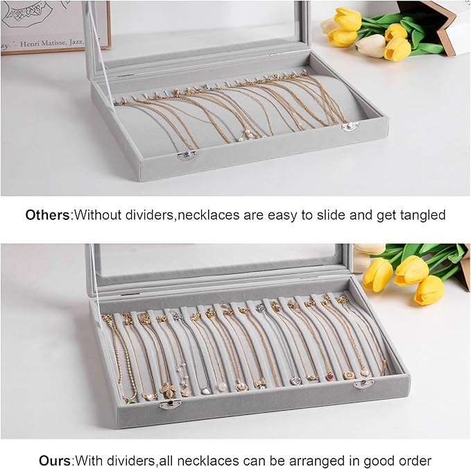 Frebeauty 15 Hooks Necklace Tray Velvet Neckalce Organizer with Clear Lid Lockable Necklace Holder Box Jewelry Organizer for Pendants Chains Necklace Jeweley Tray for Women Girls(Pink)