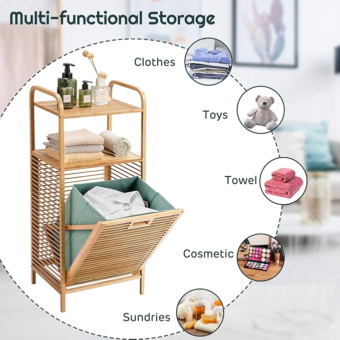 Giantex Laundry Hamper Tilt-Out Laundry Linen Hamper Bamboo Freestanding Clothes Basket W/Shelf & Removable Liner, Storage Laundry Shelf for Bathroom Living Room Bedroom, Natural