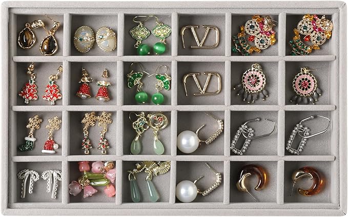 Frebeauty 24 Grid Earring Organizer Tray,Velvet Earring Holder Organizer with Removable Dividers,Jewelry Tray for Rings Studs,Jewelry Organizers and Storage for Drawer Vanity,10.5 x 6.5 x 1.2 Inches