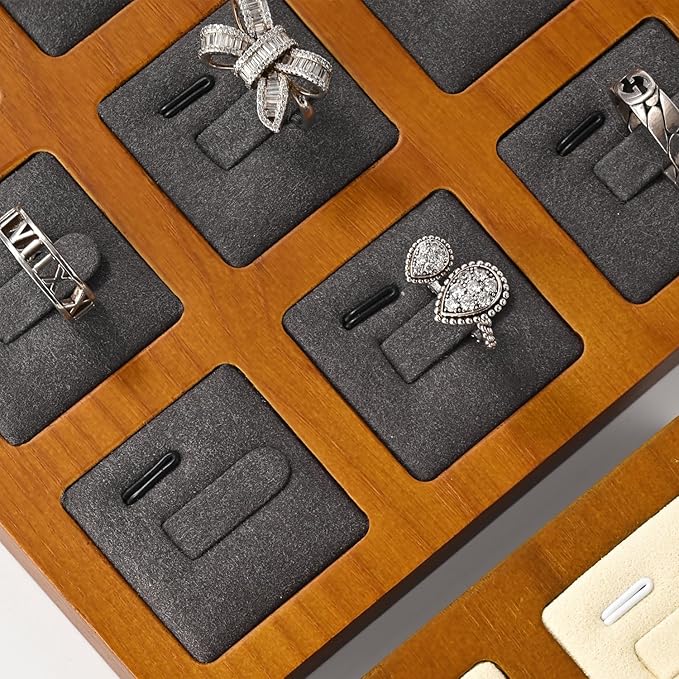 Oirlv Solid Wood Ring Display Stand - 9 Bit Ring Holder & Organizer Tray (Grey)