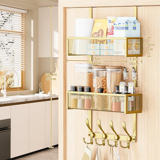 Over The Door Hooks Organizer,Coat Rack with 12 Hooks and 2 Mesh Baskets,Back of Door Storage Organizer for Bathroom,Bedroom,Kitchen,Office (Gold)