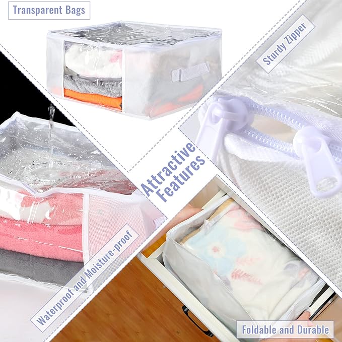 Sadnyy 6 Pcs Clear Storage Bags Zippered Plastic Clothes Containers Case Fabric Blanket Organizer Large Sweater Storage Bins with Handles for Cloth Bedding Sheets Closet Toys(16 x 12 x 8 Inch,White)