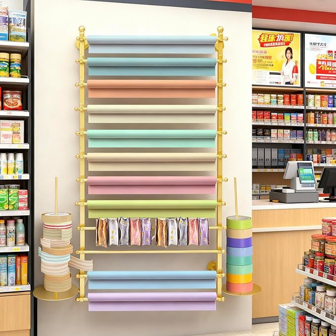 12 Layers Gold Wall Display Stand Wrapping Paper Ribbon Organizer Tie Scarf Rack Belt Towel Holder Spool Hijab Stand Metal Shelving for Home, Retail Stores, Flower Shop, Studio, Sewing-80cm