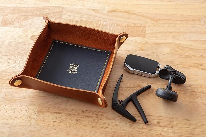USA Handmade Premium Leather Valet Tray, Folds Flat! Dice Rolling Basket and Organizer with Brass Snaps (Chestnut and Blue Gold, Medium)