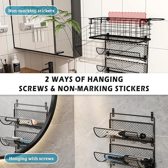 Wall-Mounted Hair Dryer Holder Styling Tool Organizer 4-Shelf Storage Wire Basket with Hook Heat Safe Rack for Hair-Straighteners,Curling Wands,Flat Iron,Perfume,Cabinet Door Bathroom Kitchen