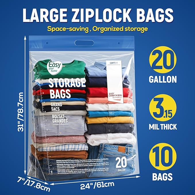 10PCS 20 Gallon Zipper Large Storage Bags with Handle and Bottom, Reusable Jamboo Plastic Duty Bags for Cloth Storage Travel Moving Outdoor Freezer,BPA-Free, 24"x31"+7", 3.15-Mil Thick