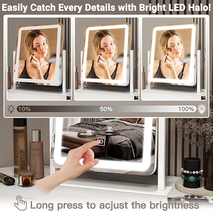 FENNIO Vanity Mirror with Lights - 15"x13" LED Lighted Makeup Mirror, Makeup Mirror with Lights, Touch Screen with 3-Color Lighting, Dimmable,10X Magnification Mirror for Vanity Desk Tabletop