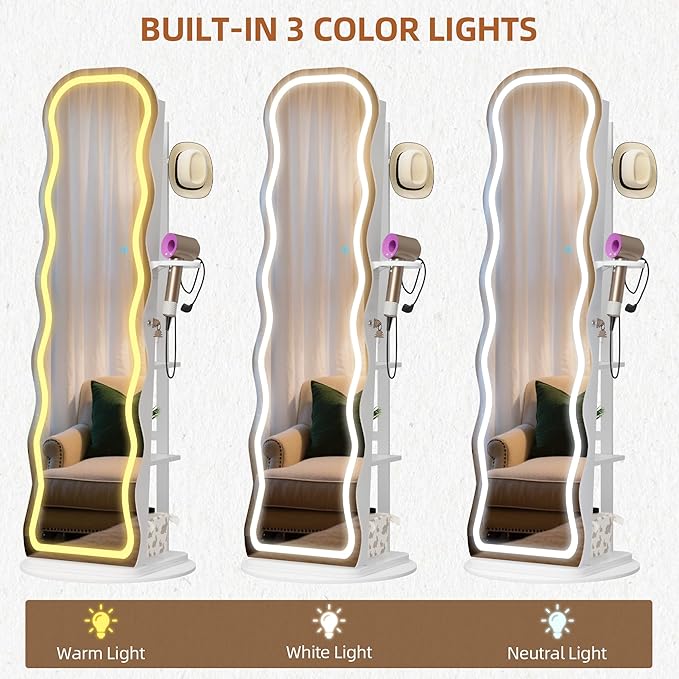 Vlsrka LED Mirror Jewelry Cabinet Standing, 360° Swivel Jewelry Aromire Organizer with Wavy Mirror, Lockable Jewelry Mirror with Storage, Jewelry Cabinet, Interior Mirror, Flodable Shelf, White