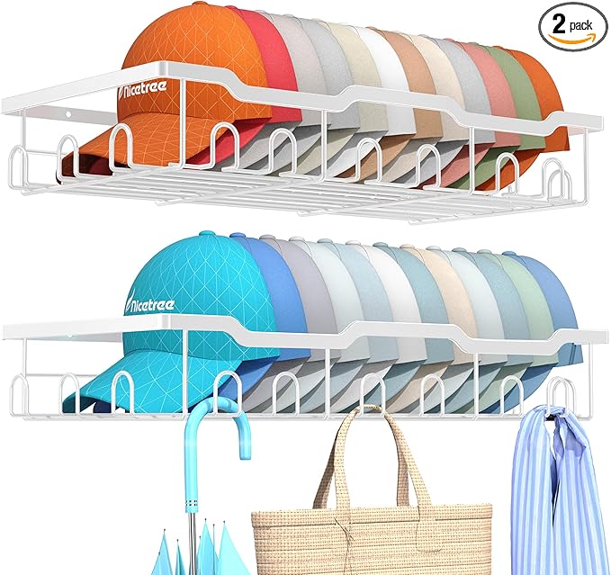 Nicetree Hat Racks for Baseball Caps Wall - Metal Hat Organizer for 48 Baseball Caps Holder, 2 Pack Hat Storage Organizer for Closet, Bedroom, Living Room White