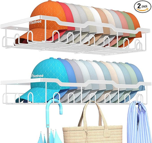 Nicetree Hat Racks for Baseball Caps Wall - Metal Hat Organizer for 48 Baseball Caps Holder, 2 Pack Hat Storage Organizer for Closet, Bedroom, Living Room White