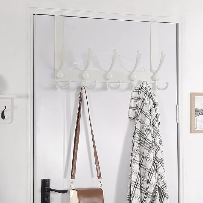 Dseap Over The Door Hook Hanger - Fits 1 3/8" to 1 3/4" Standard Doors | 5 Tri Hooks Heavy Duty Towel/Coat Rack | Door Organizer for Clothes, Jackets, Hats, Towels, White, Pack of 2