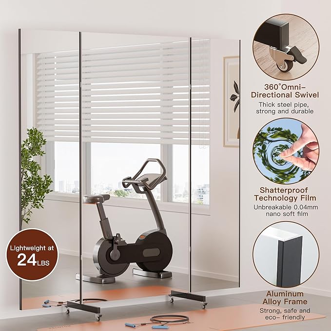 brisafe NanoMirror Non-Glass Ultra-Light Foldable Home Gym on Wheels, 71"x71" Extra Large Full Body Unbreakable Shatterproof Mirror, 360° Swivel for Yoga, Dance, Fitness Studio & Home Gym, Black