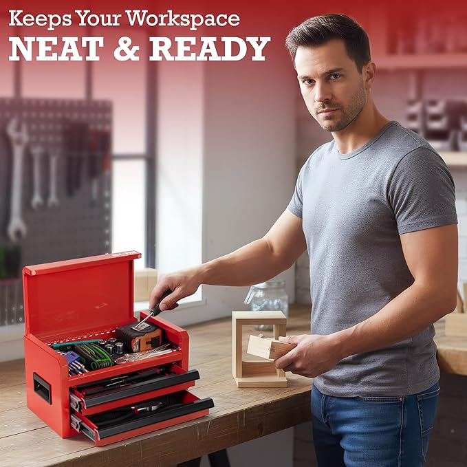 Mini Toolbox with 2 Drawers and Top Storage, Durable Steel Construction with Ball-Bearing Slides, Multi-Purpose Portable Tool Boxes Case Organizer for Garage, Red