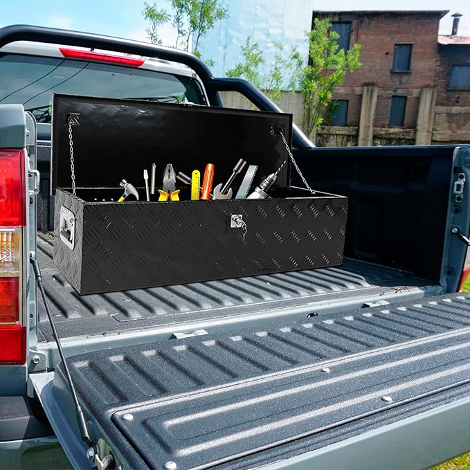 confote 39 Inch Truck Tool Box Aluminum Stripes Truck Bed Tool box for Truck,Pickup,RV,Trailer,Waterproof Storage Organizer with Side-Handles,Lock and Keys-Black