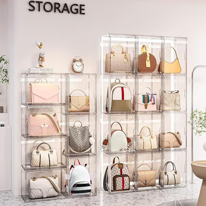 3 Packs Clear Handbag Storage Organizer for Closet, Acrylic Display Case for Purse Handbag, Stackable Purse Organizer Storage Box with Magnetic Lids for Wallet Book Collectibles