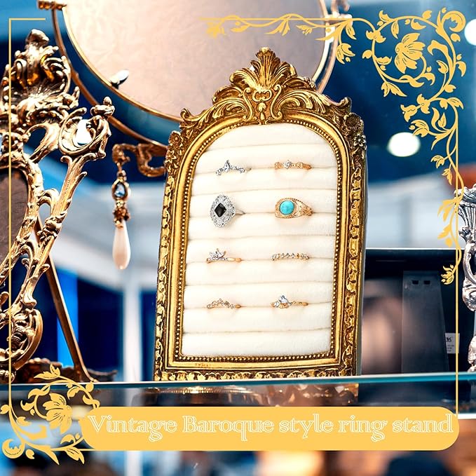 Vintage Ring Holder Arch Gold Ring Wedding Display Suede Jewelry Box Stand Frame Earring Tray Anniversary Engagement Baroque Organizer Photograph Prop for Women Birthday Christmas Gift