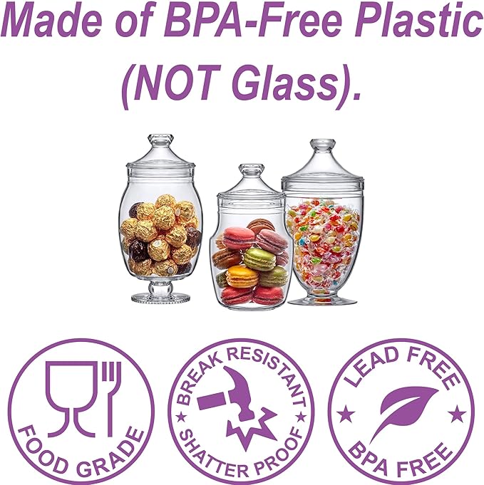 Amazing Abby - Keep - Acrylic Apothecary Jars (3-Piece Set, 52/50/46 oz) (NOT Glass), Plastic Jars with Lids, Bathroom Canisters, Candy Buffet, Wedding Display, BPA-Free and Shatter-Proof