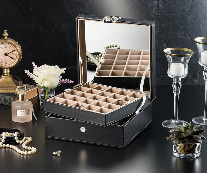 Glenor Co Earring Organizer - Classic 50 Section Jewelry Box/Case/Holder for Earrings, Rings, Necklaces, Jewelry, Cufflinks or Collections -2 Layer Small Compartments with Large Mirror - Black