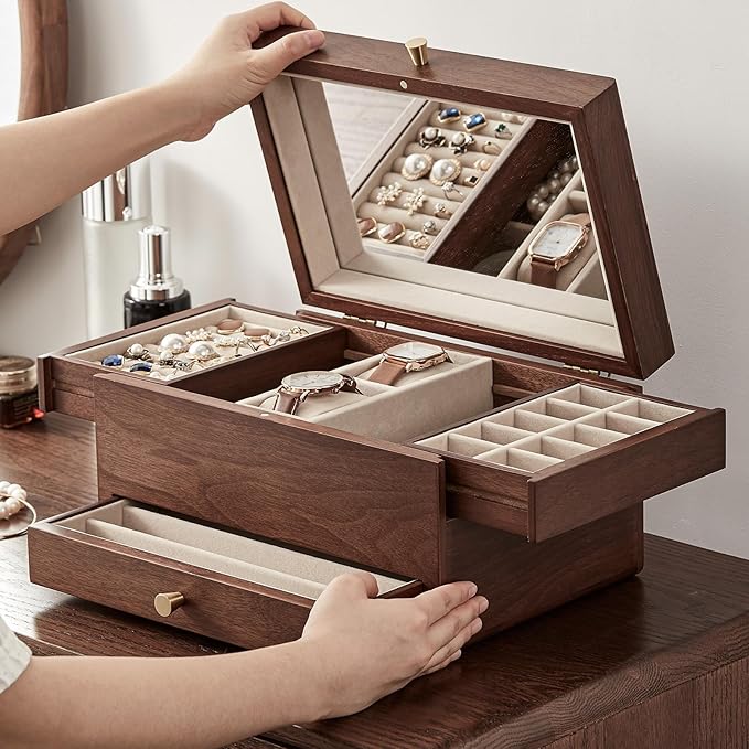 CHOSIN Black Walnut Jewelry Box for Women, 3-Level Multi-functional Organizer with Mirror for Watches, Necklaces, Rings & Earrings Storage Valentine's Day Gifts