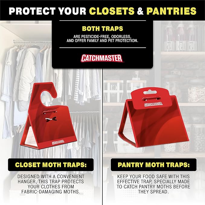 Catchmaster Clothing Moth Traps with Premium Extra Strength Odorless Pheromone Technology – Red, XL, Extra-Strength Glue – Traps & Targets Casemaking and Webbing Moths - 6-Pack
